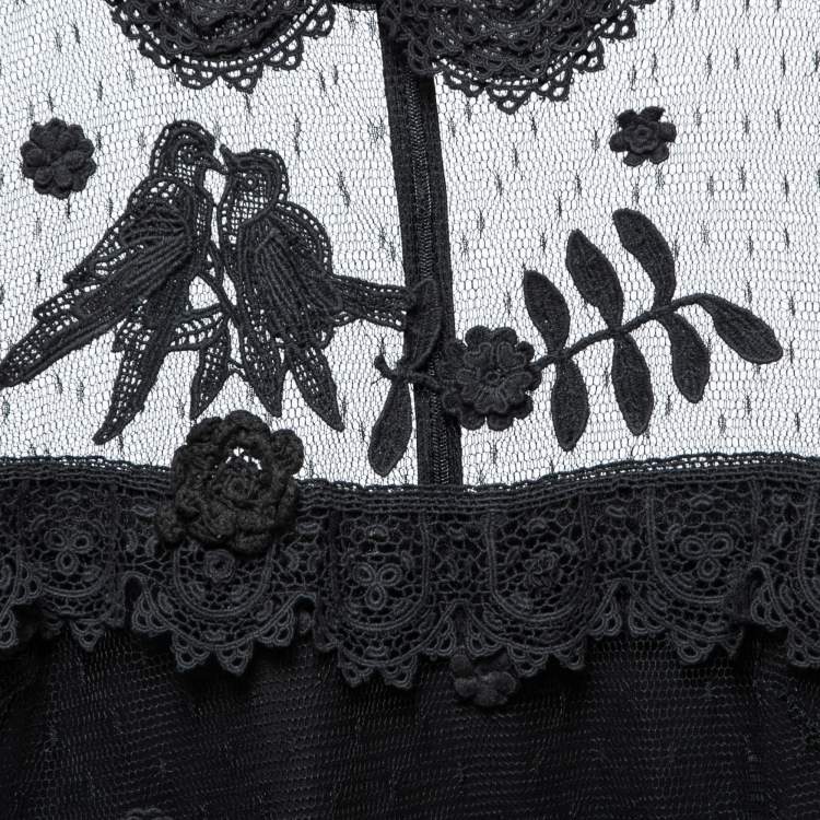 Pre Owned Red Valentino Black Tulle & Lace Floral Appliqued Long Sleeve Short Dress S