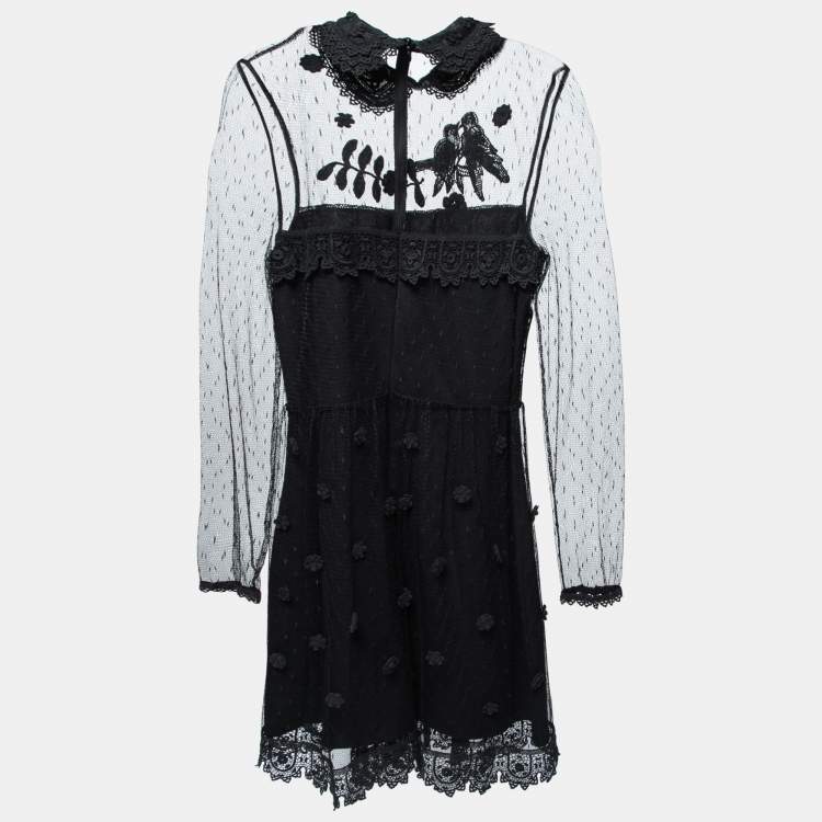 Pre Owned Red Valentino Black Tulle & Lace Floral Appliqued Long Sleeve Short Dress S
