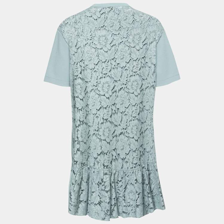 Pre Owned Valentino Powder Blue Knit & Lace Paneled Short Sleeve Dress M