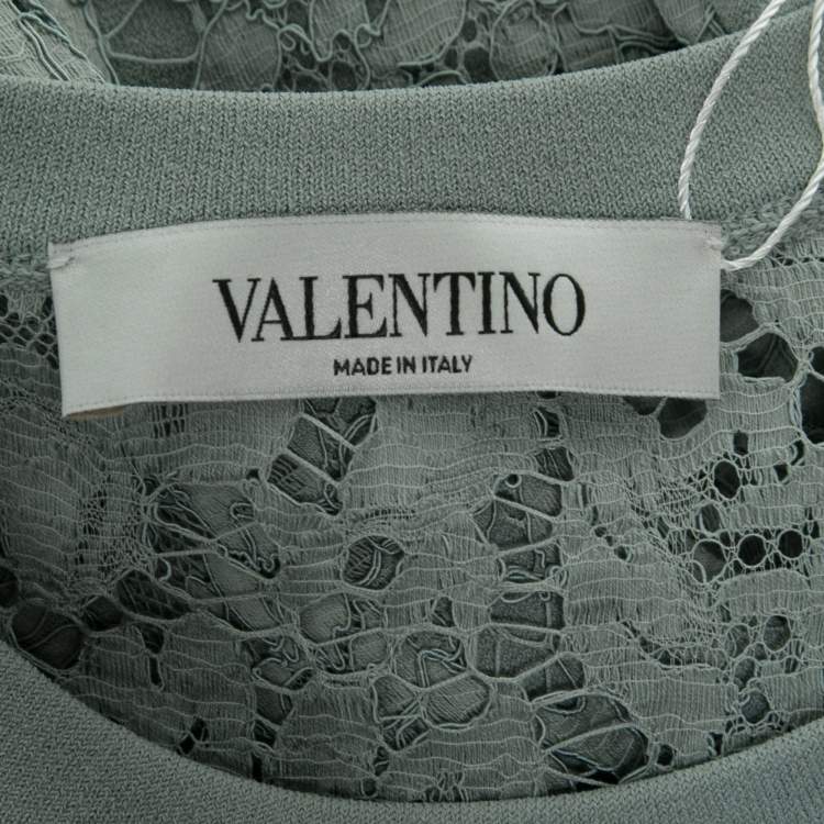 Pre Owned Valentino Powder Blue Knit & Lace Paneled Short Sleeve Dress M