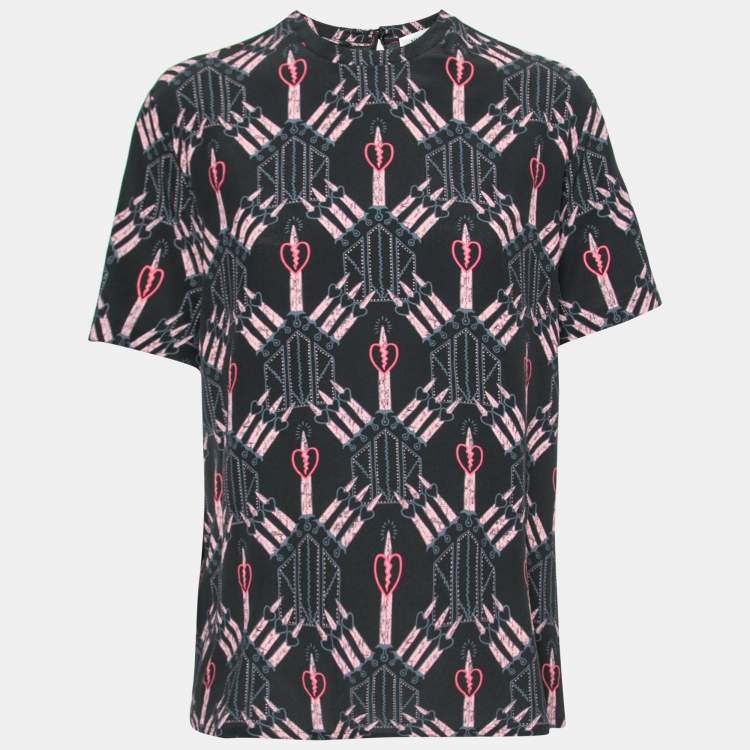 Pre Owned Valentino Black Loveblade Print Silk Round Neck Top L