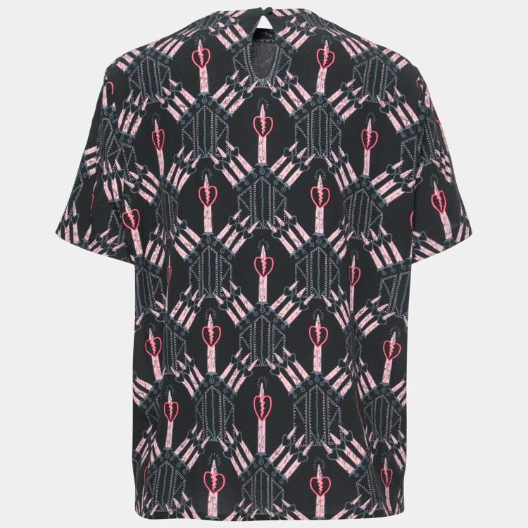Pre Owned Valentino Black Loveblade Print Silk Round Neck Top L