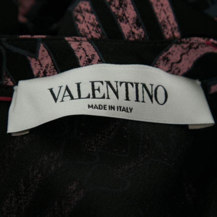 Pre Owned Valentino Black Loveblade Print Silk Round Neck Top L