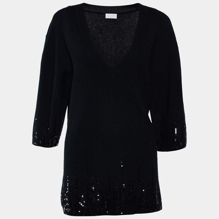 Pre Owned Valentino Black Wool Sequin Embellished V-Neck Sweaters L