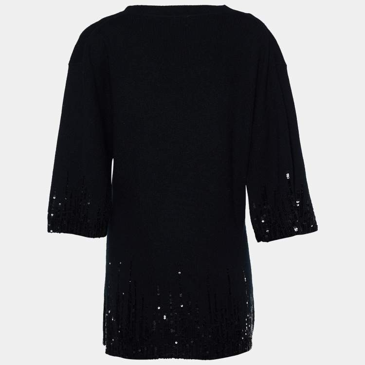 Pre Owned Valentino Black Wool Sequin Embellished V-Neck Sweaters L