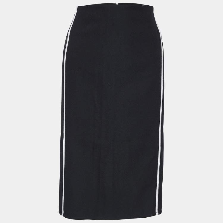 Pre Owned Valentino Black Wool Contrast Stripe Detail Asymmetric Skirt L