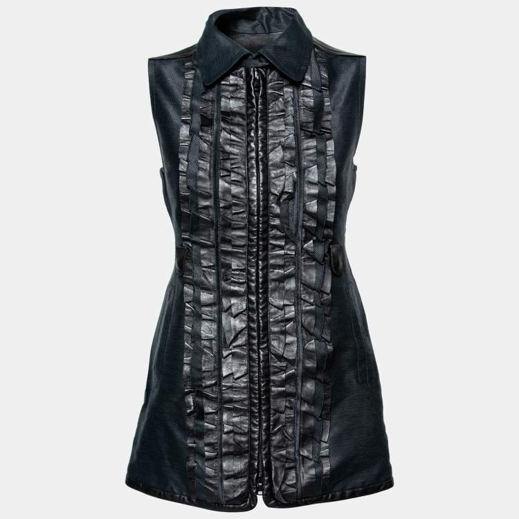 Pre Owned Valentino Navy Blue Cotton Ruffle Accents Zip Front Jacket M
