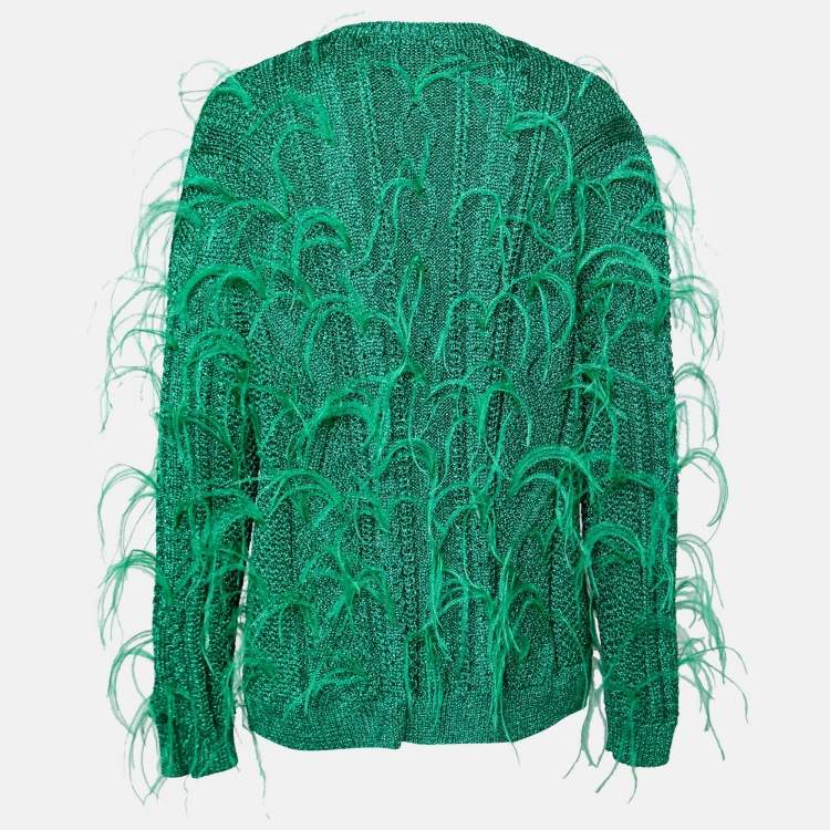 Pre Owned Valentino Metallic Green Feather Embellished Cardigan L