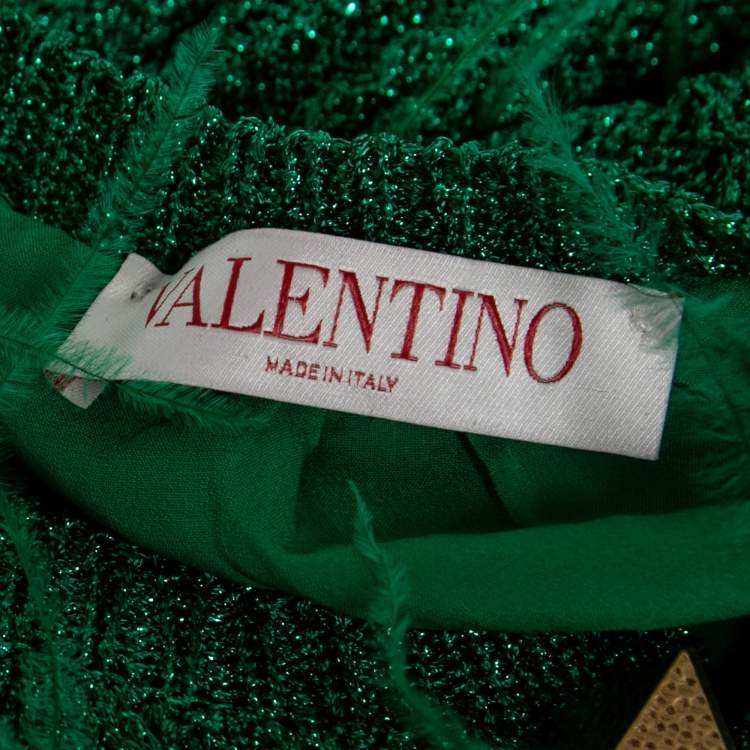 Pre Owned Valentino Metallic Green Feather Embellished Cardigan L