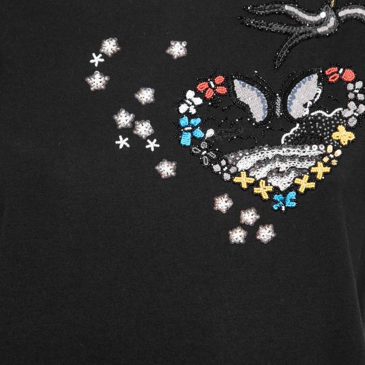 Pre Owned Valentino Black Cotton Sequin and Beaded Embellished Crew Neck T-Shirt L