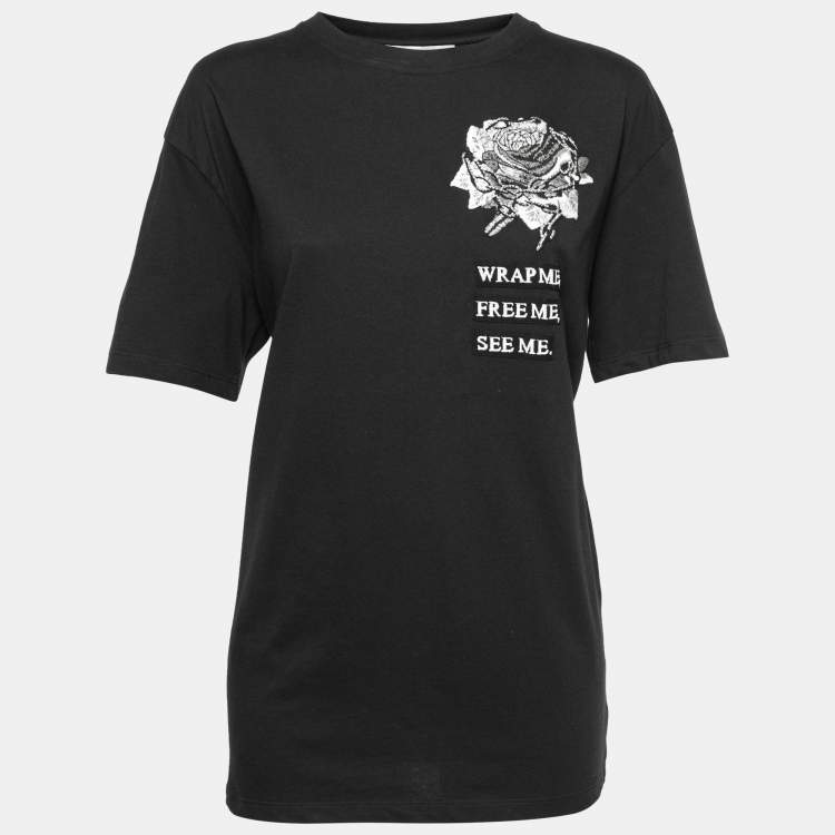 Pre Owned Valentino Black Cotton Embroidered Crew Neck T-Shirt L