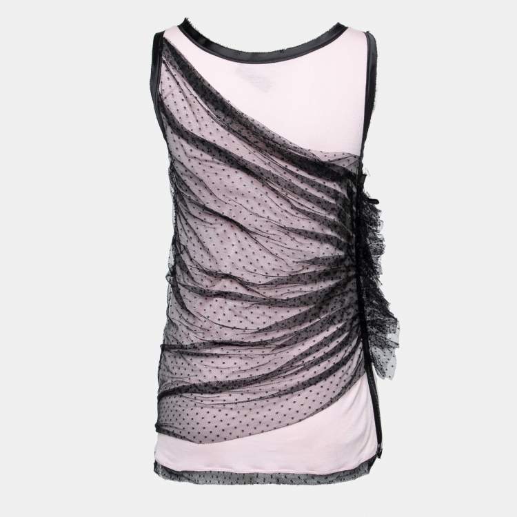 Pre Owned Valentino Pink/ Black Mesh Overlay Ruffled Detailed Top L