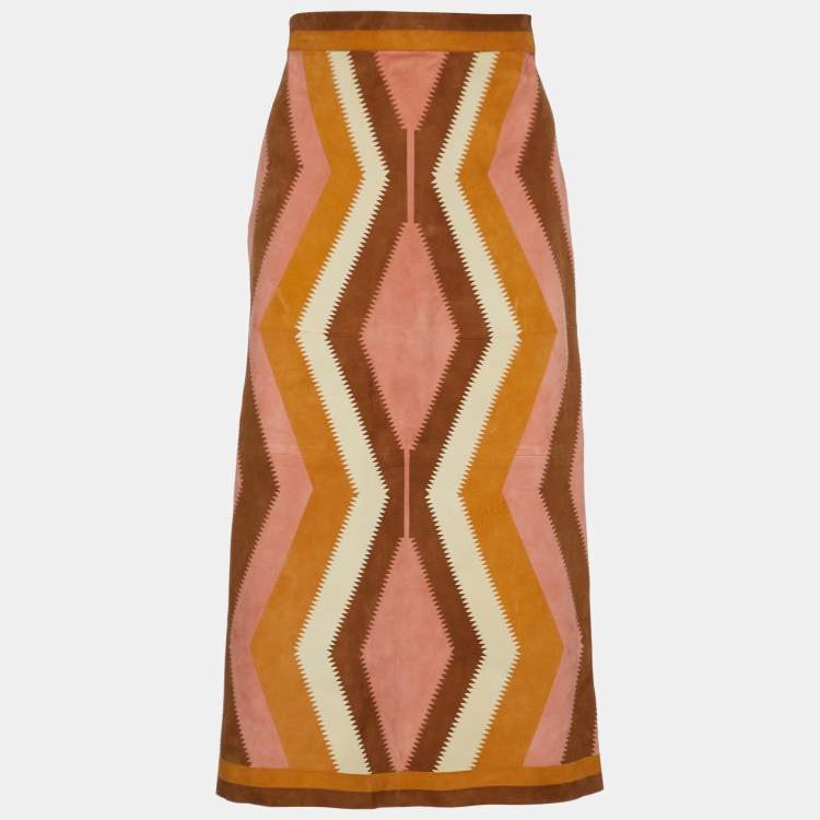 Pre Owned Valentino Peach Suede Patchwork Midi Skirt S
