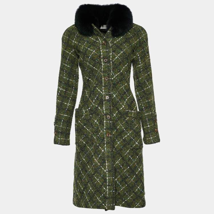 Pre Owned Valentino Green Tweed Fur Collar Button Front Coat M