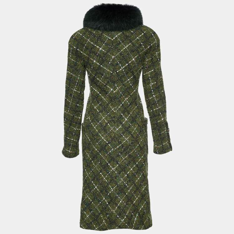 Pre Owned Valentino Green Tweed Fur Collar Button Front Coat M