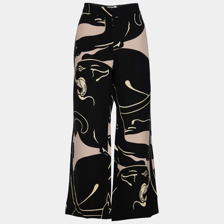 Pre Owned Valentino Black Panther Print Silk Cady Wide Leg Trousers M
