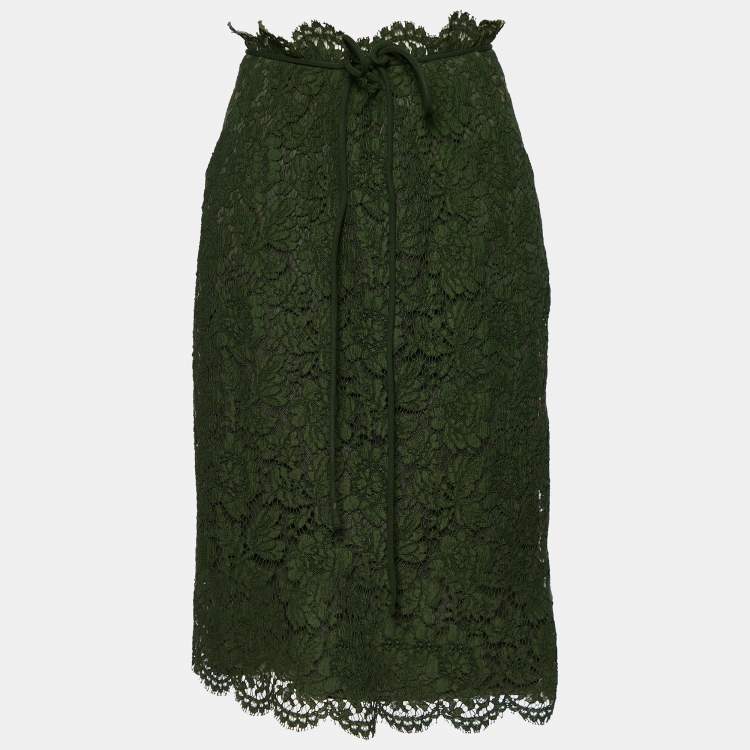 Pre Owned Valentino Dark Green Floral Lace Coat & Skirt Set M