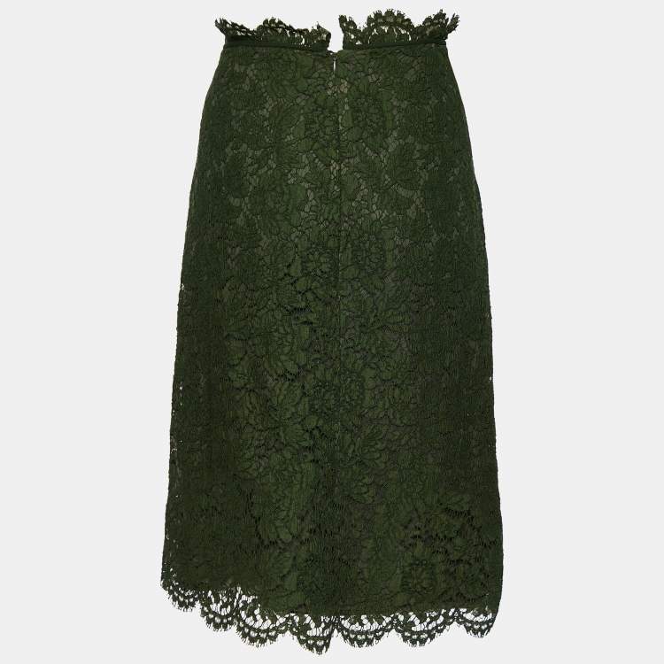 Pre Owned Valentino Dark Green Floral Lace Coat & Skirt Set M