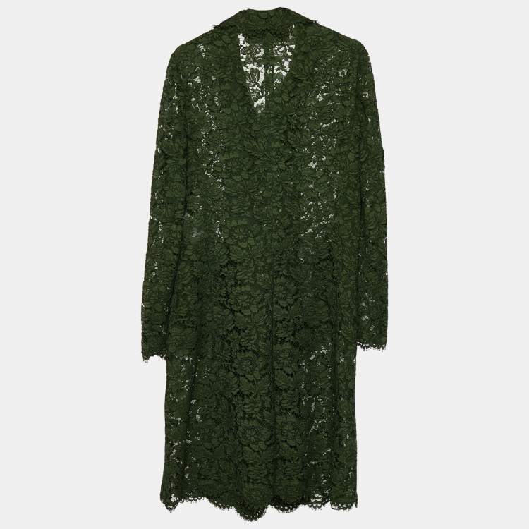 Pre Owned Valentino Dark Green Floral Lace Coat & Skirt Set M