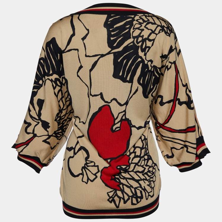 Pre Owned Valentino Beige Abstract Print Silk & Knit Sheer Top L