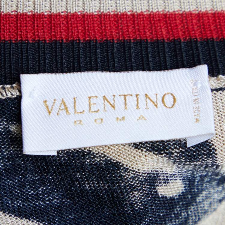 Pre Owned Valentino Beige Abstract Print Silk & Knit Sheer Top L