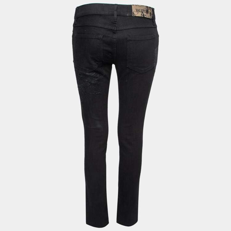 Pre Owned Valentino Black Denim Lace Trimmed Jeans M Waist 31"