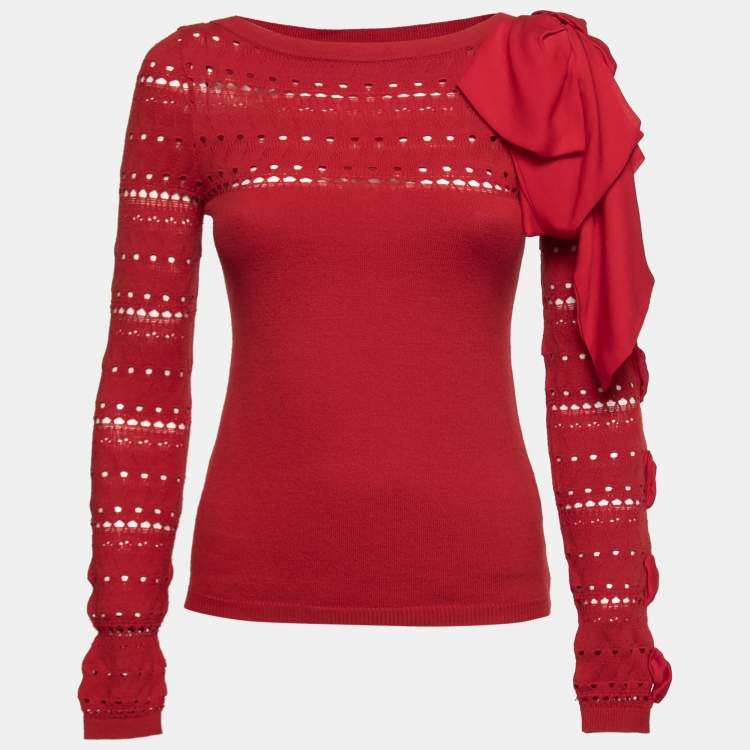 Pre Owned Valentino Red Eyelet Knit Wool Bow Detail Long Sleeve Sweater S