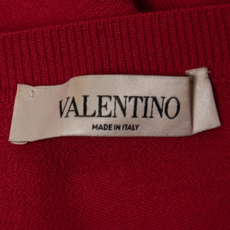 Pre Owned Valentino Red Eyelet Knit Wool Bow Detail Long Sleeve Sweater S
