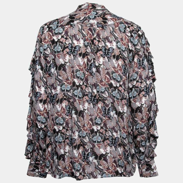 Pre Owned Valentino Black Butterfly Print Silk Ruffled Shirt L