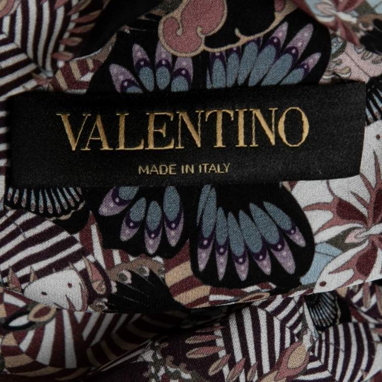 Pre Owned Valentino Black Butterfly Print Silk Ruffled Shirt L