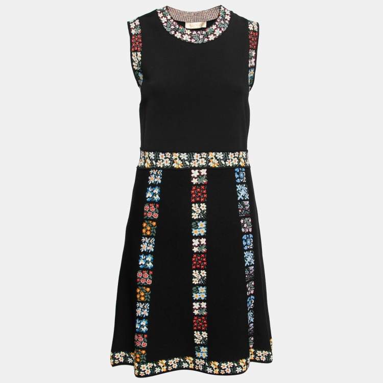 Pre Owned Valentino Black Floral Patterned Knit Flared Midi Dress L