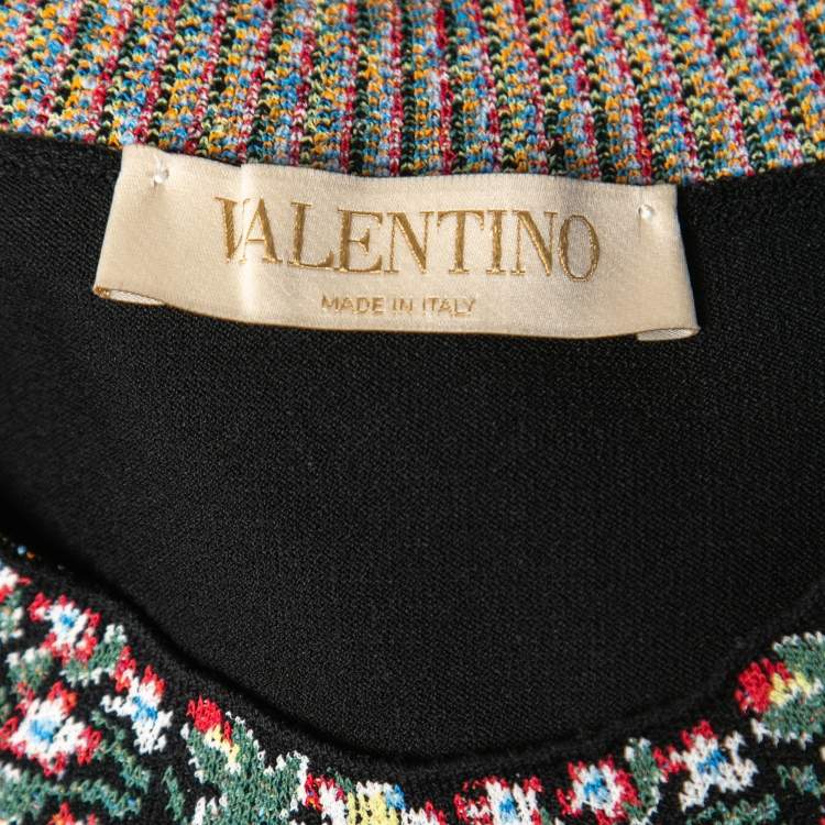 Pre Owned Valentino Black Floral Patterned Knit Flared Midi Dress L