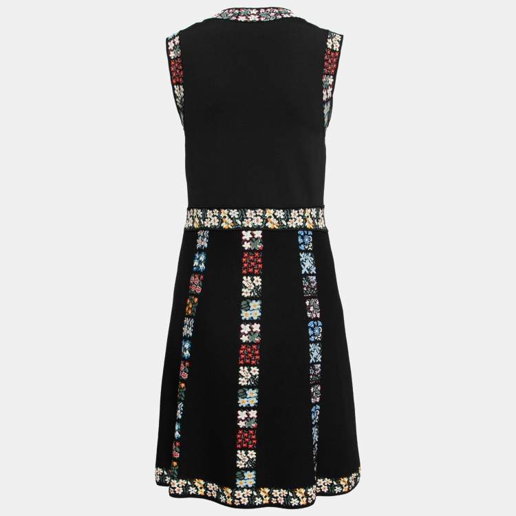 Pre Owned Valentino Black Floral Patterned Knit Flared Midi Dress L