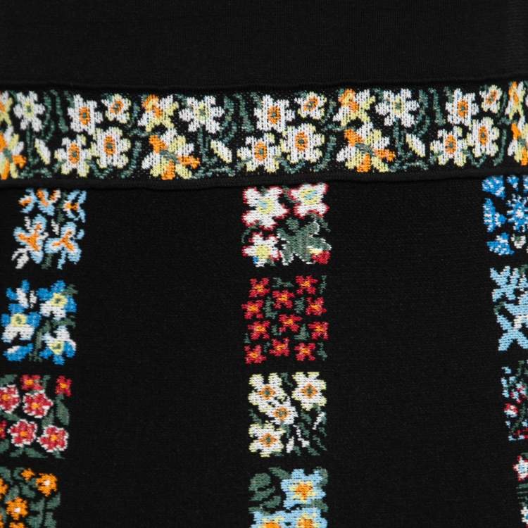 Pre Owned Valentino Black Floral Patterned Knit Flared Midi Dress L