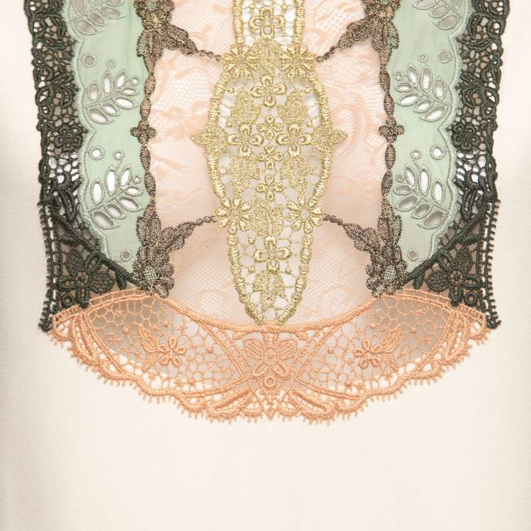 Pre Owned Valentino Beige Crepe Embroidered Lace Inset High Neck Top S