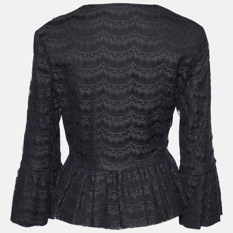 Pre Owned Valentino Black Lace Pleated Detail Button Front Jacket L