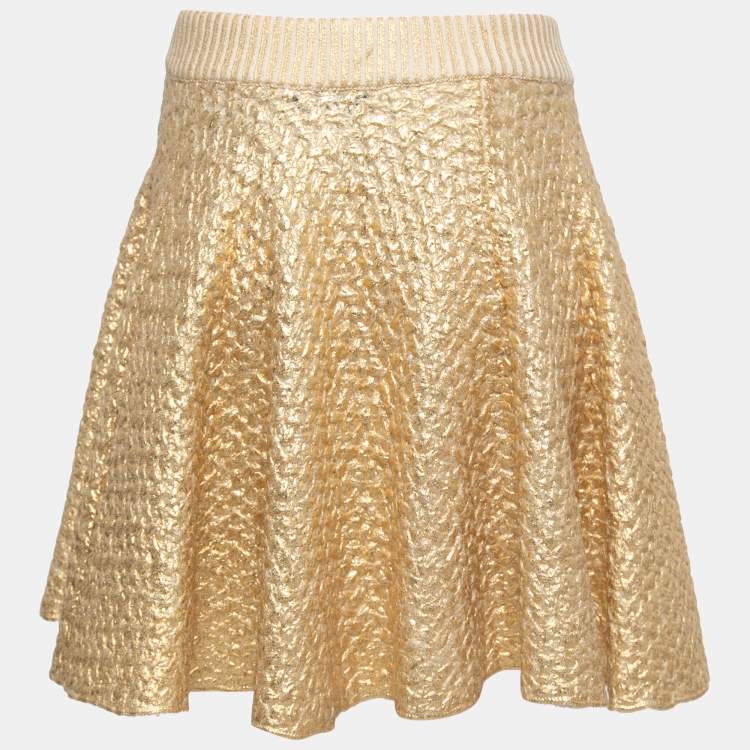 Pre Owned Valentino Gold Coated Wool Knit Skirt M