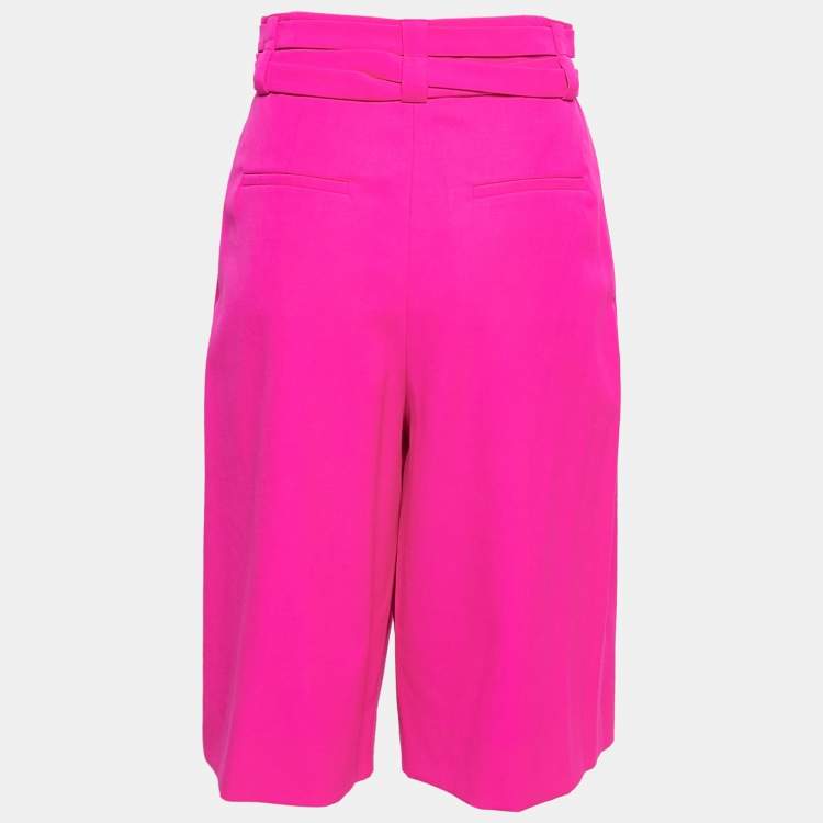 Pre Owned Valentino Neon Pink Wool Pleated Knee-Length Shorts S