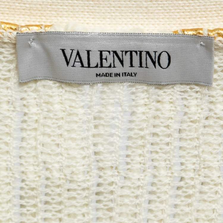 Pre Owned Valentino White & Gold Coated Wool Knit Oversized Cardigan XS