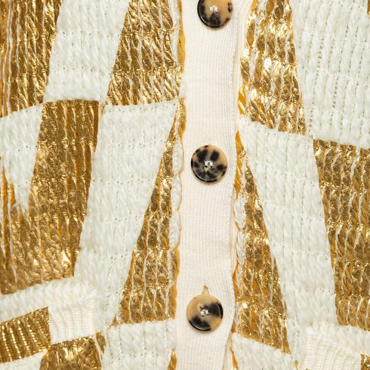 Pre Owned Valentino White & Gold Coated Wool Knit Oversized Cardigan XS