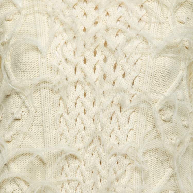 Pre Owned Valentino Cream Wool Knit Feather Embellished Long Sleeve Jumper M