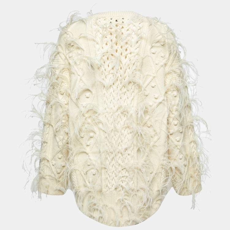 Pre Owned Valentino Cream Wool Knit Feather Embellished Long Sleeve Jumper M