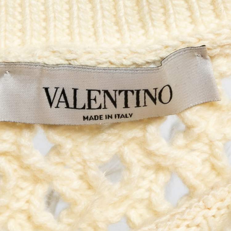 Pre Owned Valentino Cream Wool Knit Feather Embellished Long Sleeve Jumper M
