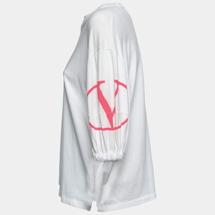 Pre Owned Valentino White Cotton V-Logo Printed Round Neck T-Shirt XS