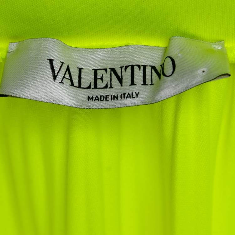 Pre Owned Valentino Neon Yellow Jersey Pleated Logo Print Skirt S