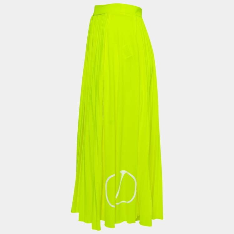 Pre Owned Valentino Neon Yellow Jersey Pleated Logo Print Skirt S