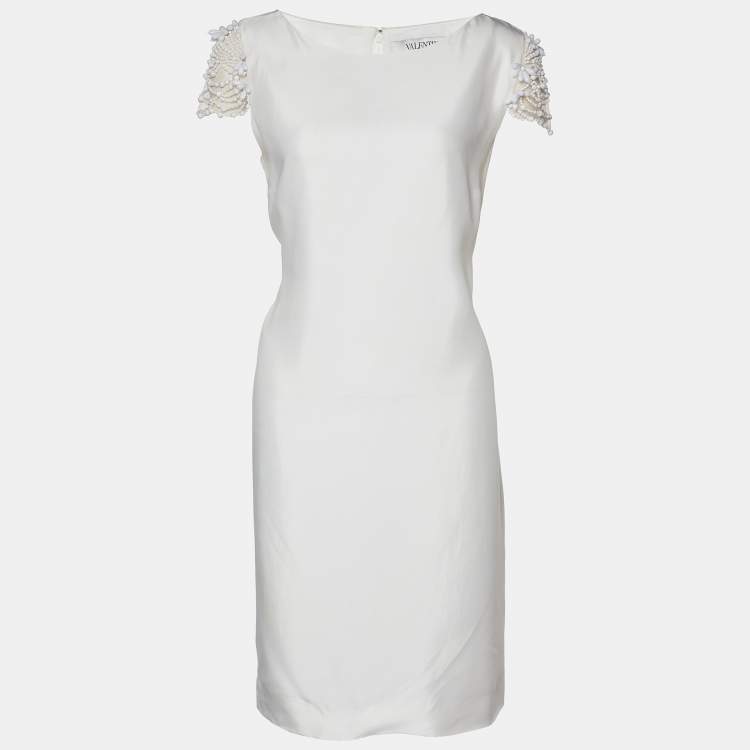 Pre Owned Valentino White Crepe Embellished Sleeve Shift Dress L