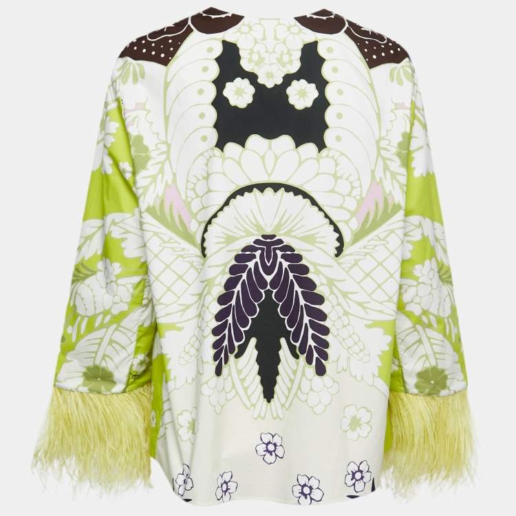 Pre Owned Valentino Lime Green Printed Cotton Ostrich Trim V-Neck Top S
