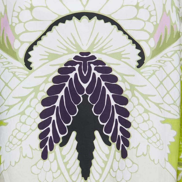 Pre Owned Valentino Lime Green Printed Cotton Ostrich Trim V-Neck Top S