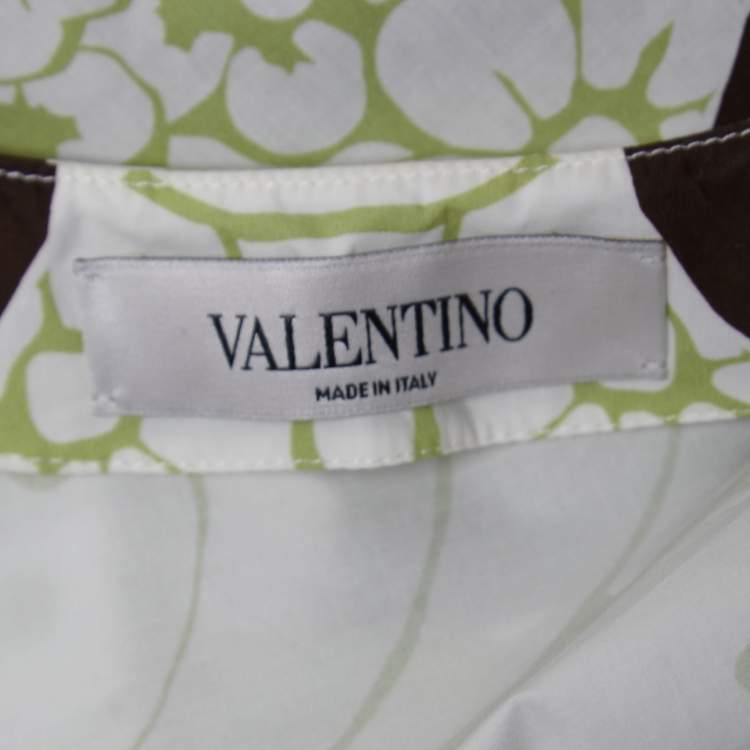 Pre Owned Valentino Lime Green Printed Cotton Ostrich Trim V-Neck Top S